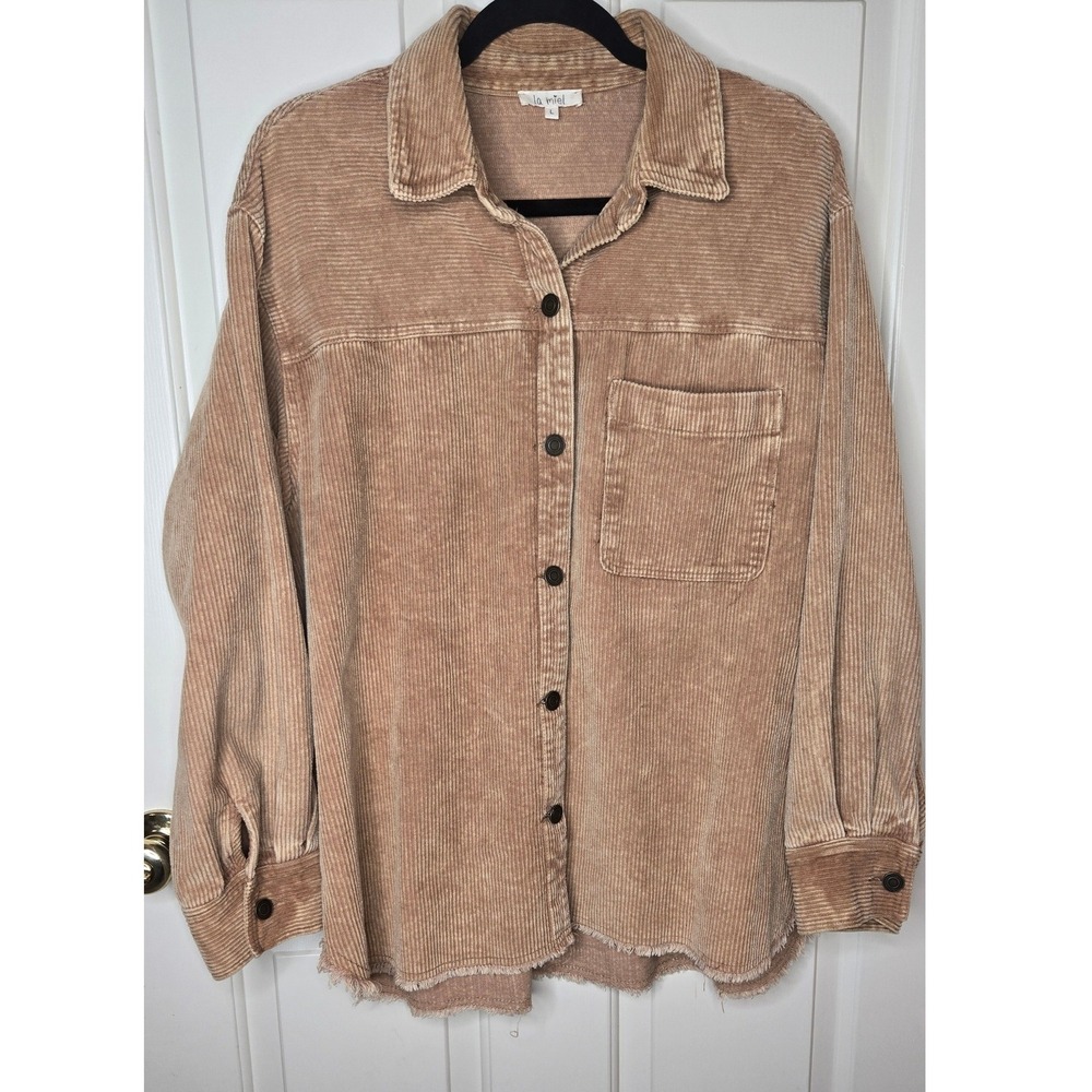 La Miel Oversized Corduroy Shacket Jacket Tan 100% Cotton Women's Large - Picture 2 of 9